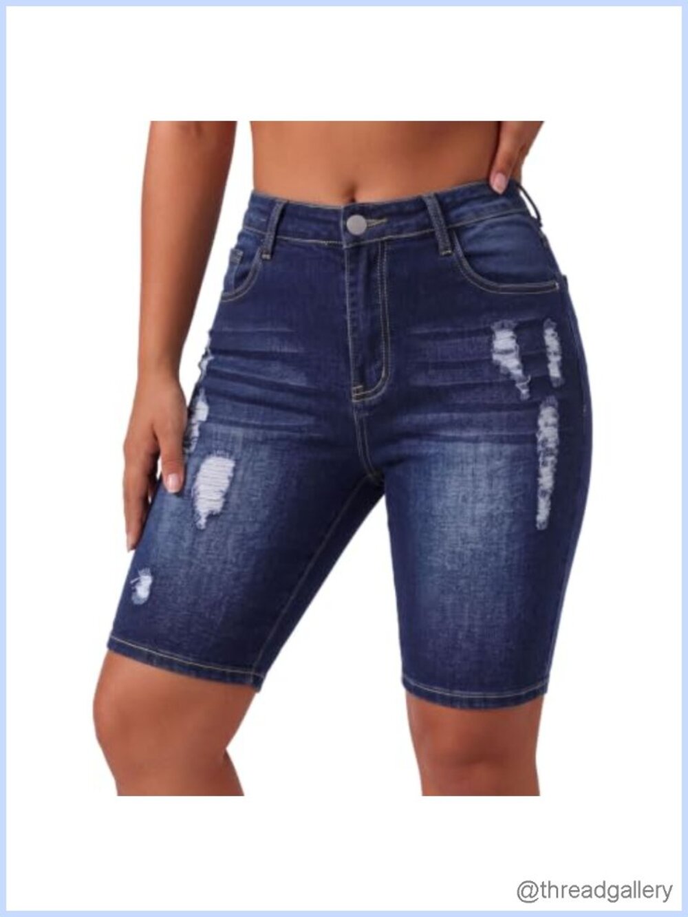 High Waisted Ripped Stretch Bermuda Denim Shorts
